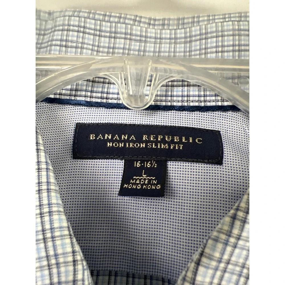 Banana Republic Dress Shirt Mens L Blue Non-Iron Slim Fit Micro-Check 16-16.5